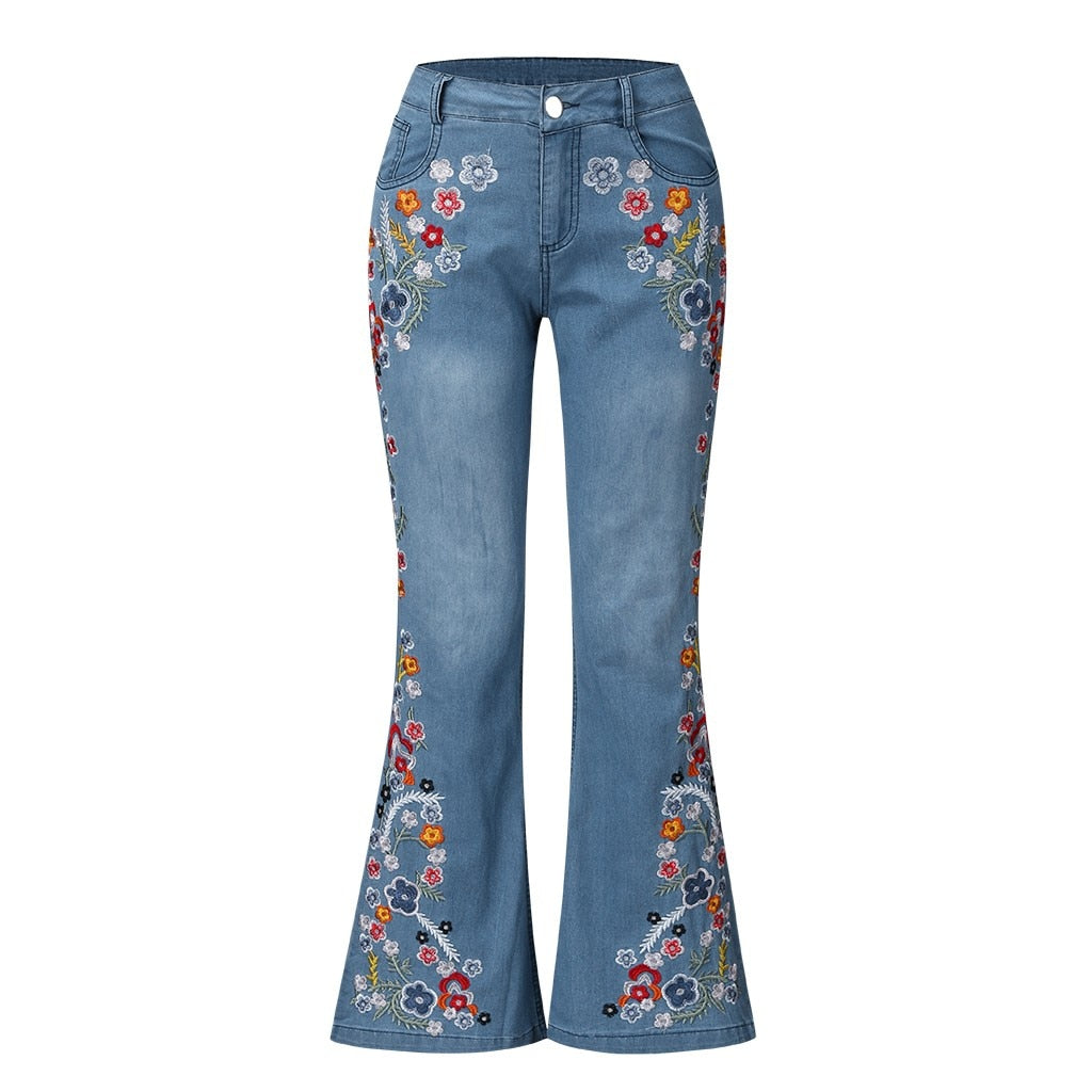 Vintage Embroidery Flare Denim Pants