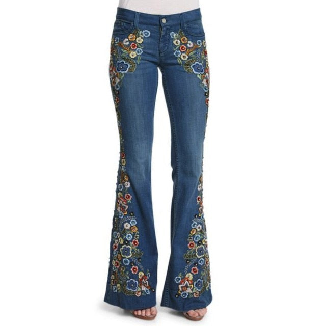 Vintage Embroidery Flare Denim Pants