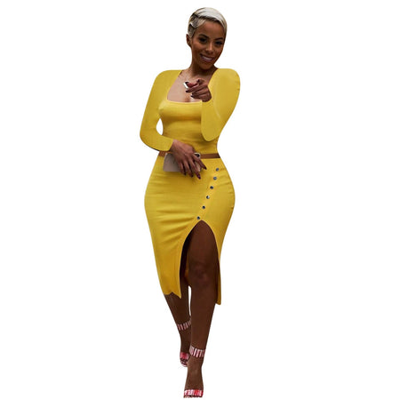 Women's Two-Piece Solid Color Split Ribbed Skirt