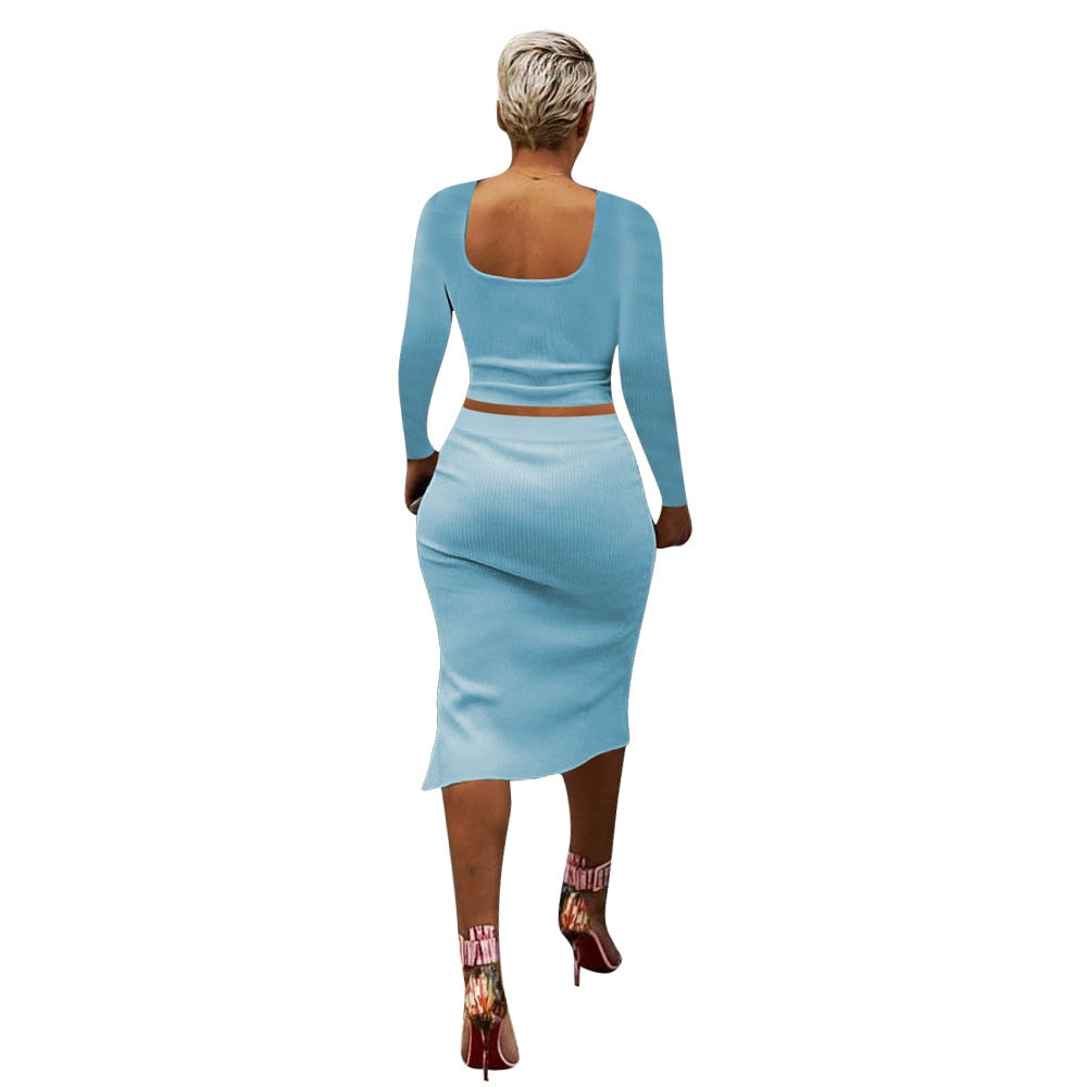 Women's Two-Piece Solid Color Split Ribbed Skirt