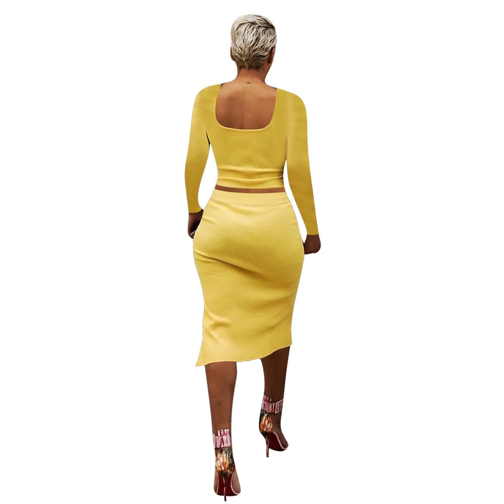 Women's Two-Piece Solid Color Split Ribbed Skirt