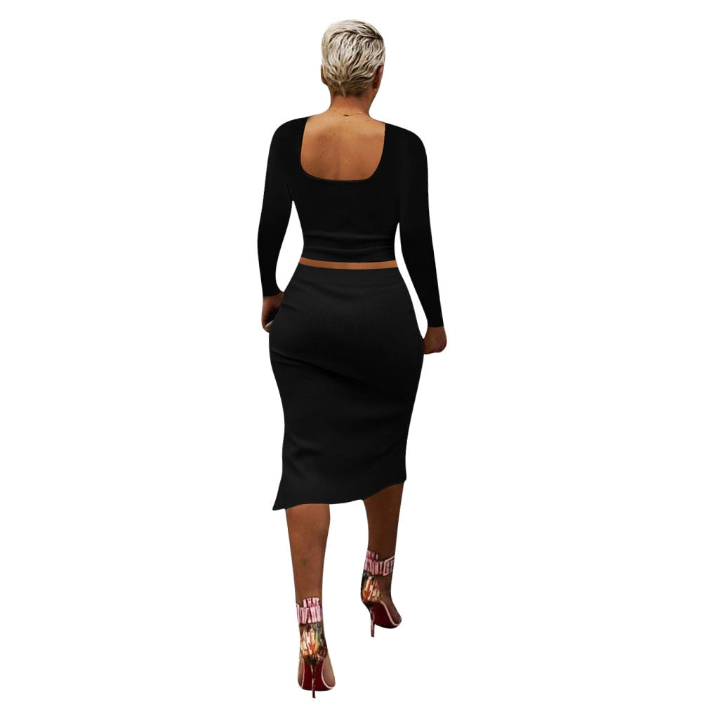 Women's Two-Piece Solid Color Split Ribbed Skirt