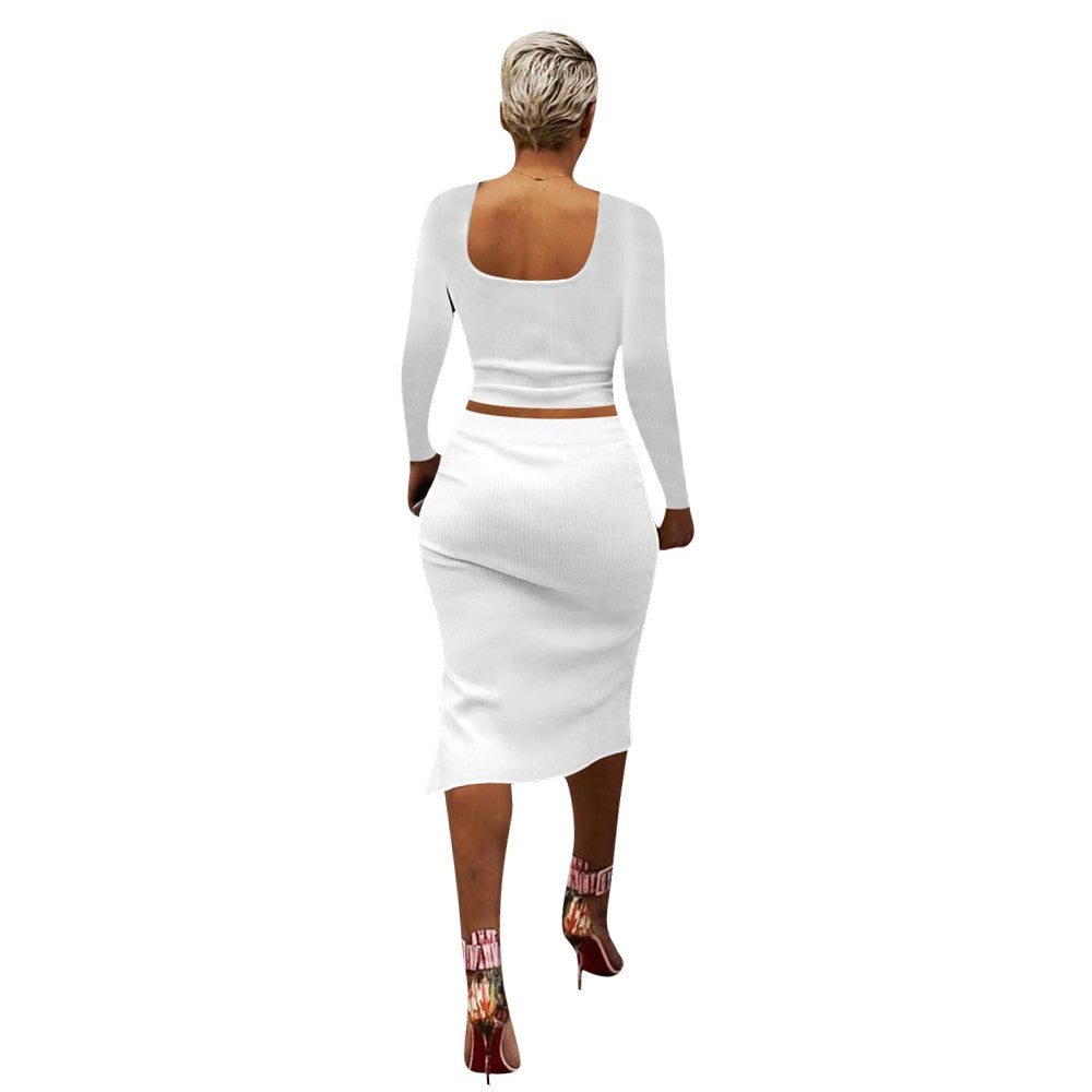 Women's Two-Piece Solid Color Split Ribbed Skirt