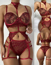3PC Strap Lace Crochet Cutout Lingerie Set With Garter