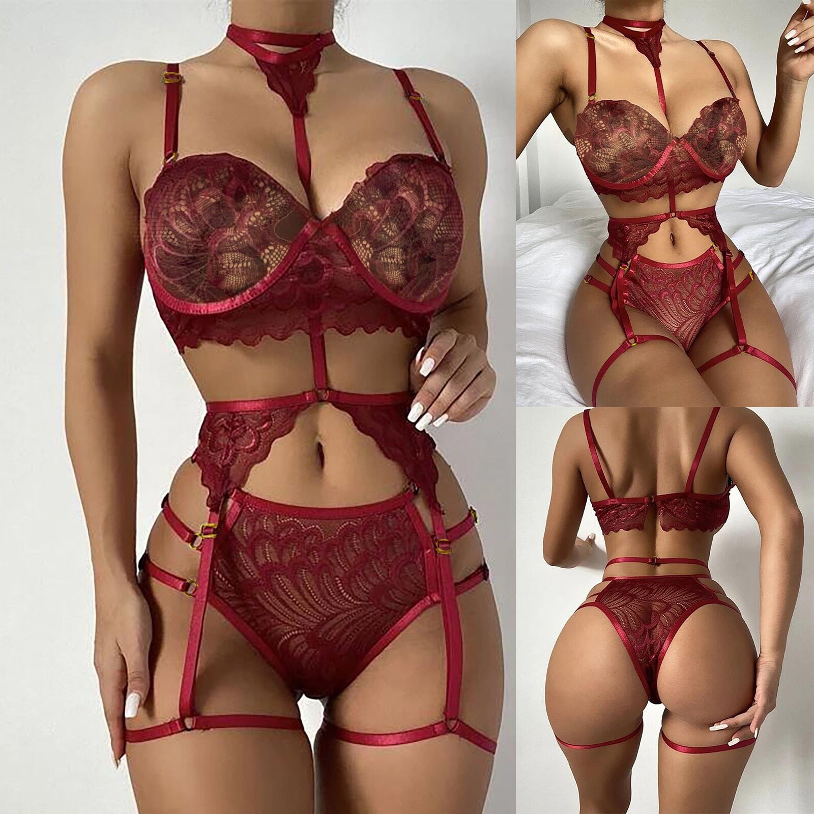 3PC Strap Lace Crochet Cutout Lingerie Set With Garter