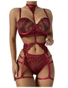 3PC Strap Lace Crochet Cutout Lingerie Set With Garter