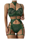 3PC Strap Lace Crochet Cutout Lingerie Set With Garter