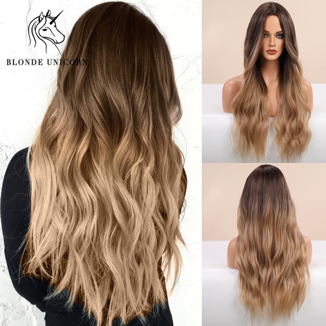 Long, Wavy Natural Synthetic Wig Ombre, Blonde & Brown