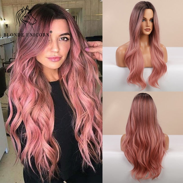 Long, Wavy Natural Synthetic Wig Ombre, Blonde & Brown