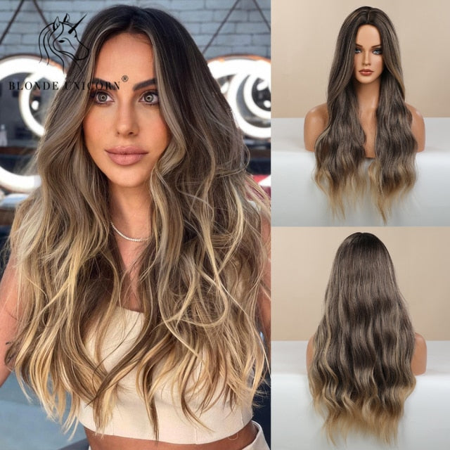 Long, Wavy Natural Synthetic Wig Ombre, Blonde & Brown