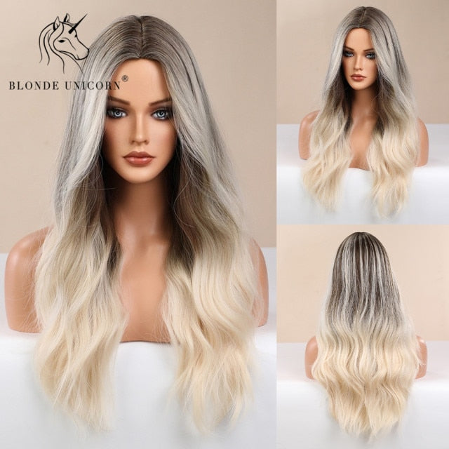 Long, Wavy Natural Synthetic Wig Ombre, Blonde & Brown