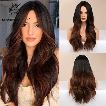 Long, Wavy Natural Synthetic Wig Ombre, Blonde & Brown