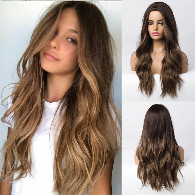 Long, Wavy Natural Synthetic Wig Ombre, Blonde & Brown
