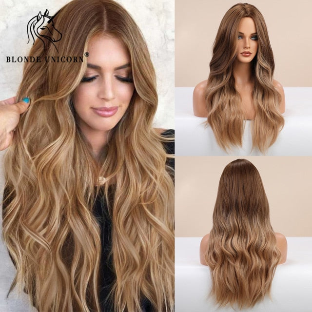 Long, Wavy Natural Synthetic Wig Ombre, Blonde & Brown