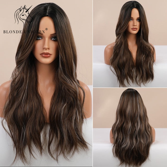Long, Wavy Natural Synthetic Wig Ombre, Blonde & Brown