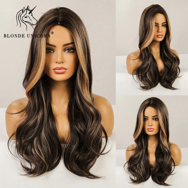 Long, Wavy Natural Synthetic Wig Ombre, Blonde & Brown