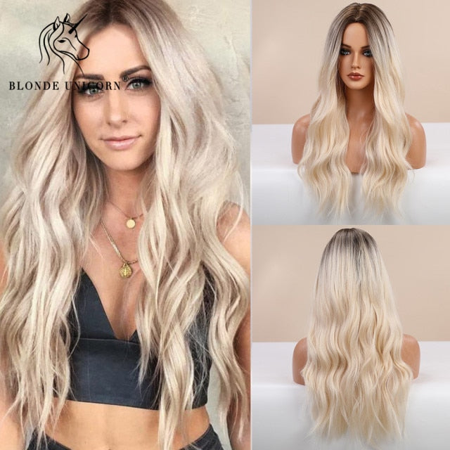 Long, Wavy Natural Synthetic Wig Ombre, Blonde & Brown