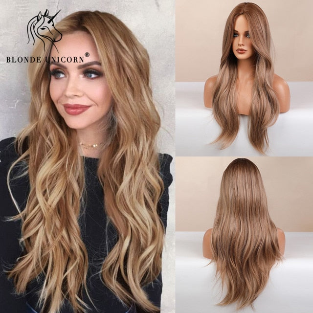 Long, Wavy Natural Synthetic Wig Ombre, Blonde & Brown