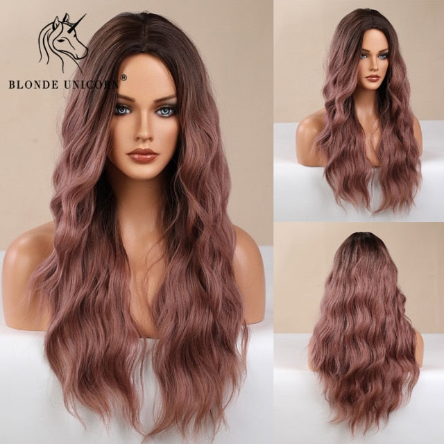 Long, Wavy Natural Synthetic Wig Ombre, Blonde & Brown