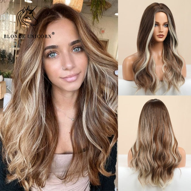 Long, Wavy Natural Synthetic Wig Ombre, Blonde & Brown