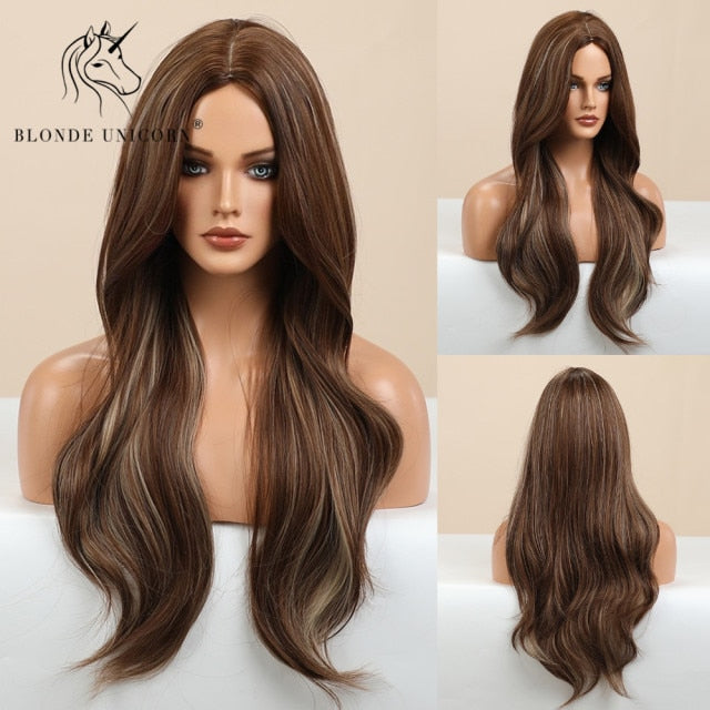 Long, Wavy Natural Synthetic Wig Ombre, Blonde & Brown