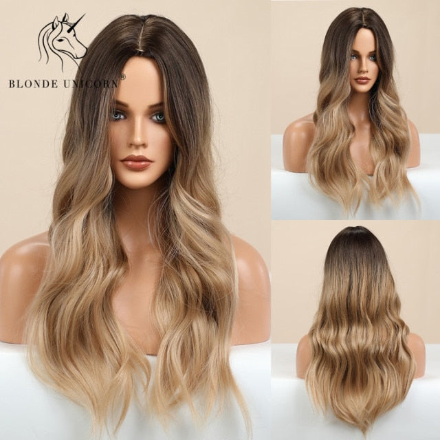 Long, Wavy Natural Synthetic Wig Ombre, Blonde & Brown