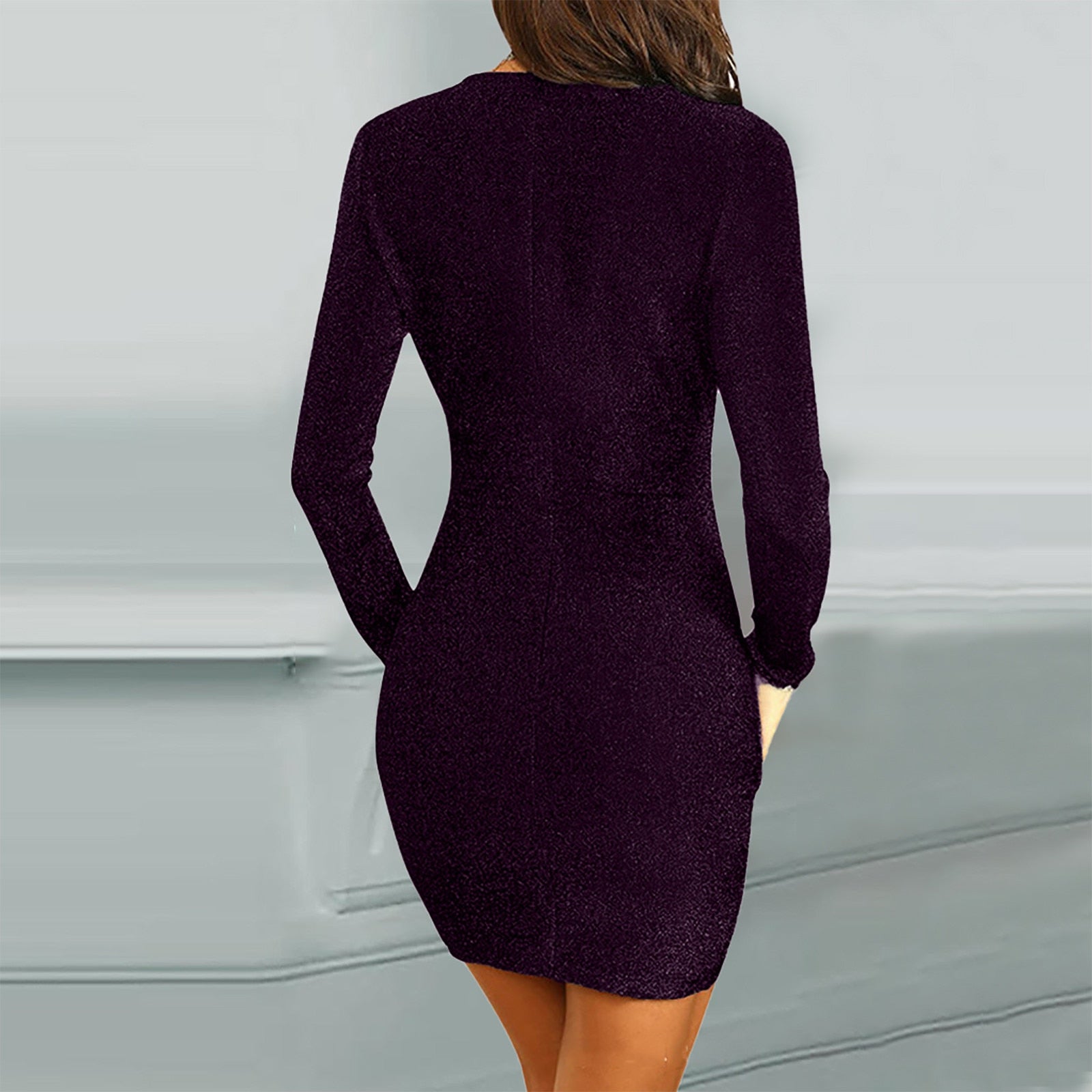 Sequins Long-sleeved Elegant V-neck Dress - Fashion Damsel