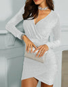 Sequins Long-sleeved Elegant V-neck Dress - Fashion Damsel