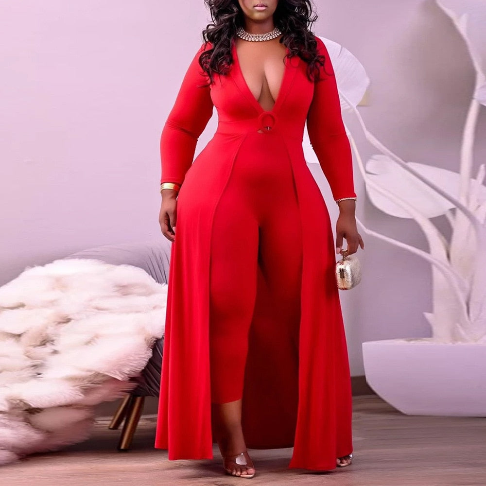 Deep V Neck Jumpsuit Dress for Women - Fashion Damsel