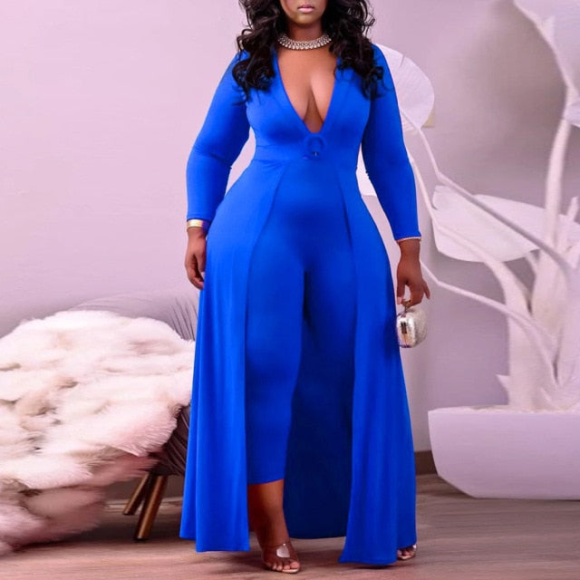 Deep V Neck Jumpsuit Dress for Women - Fashion Damsel