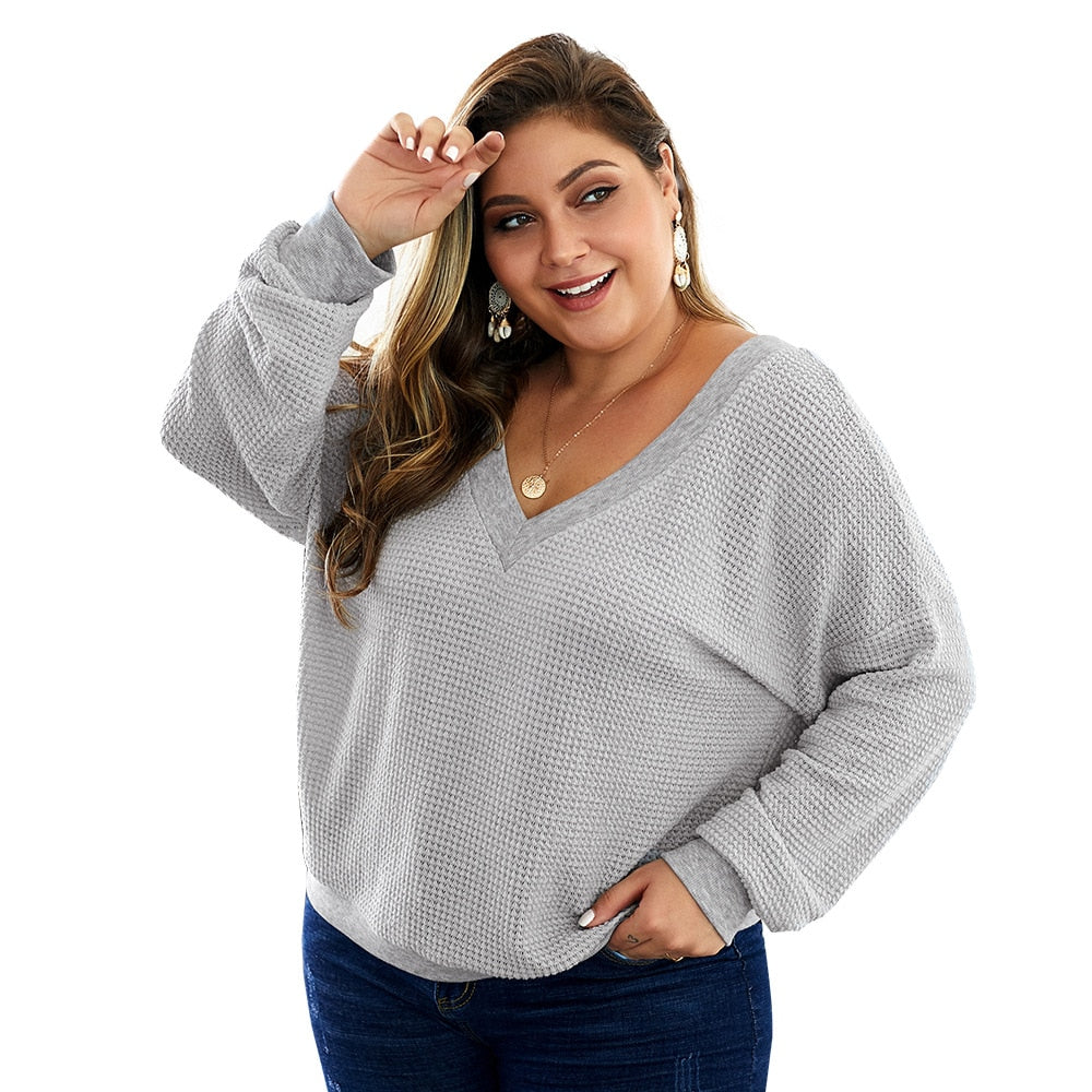 Casual Loose Plus Size Sweater With V-Neck - Fashion Damsel