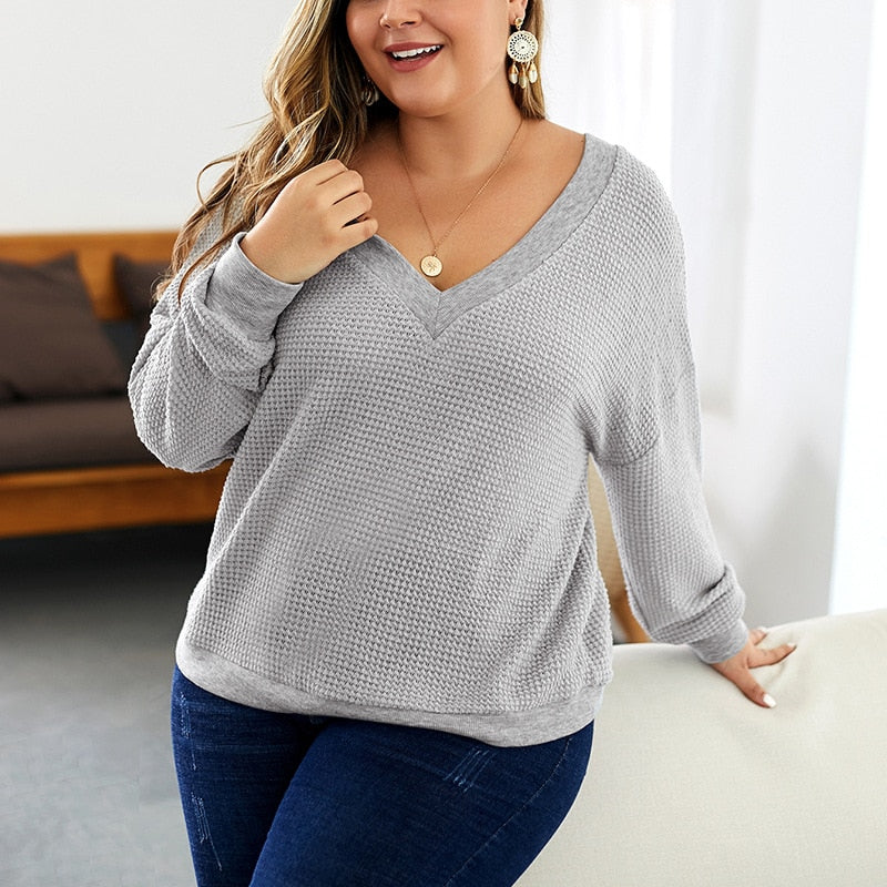 Casual Loose Plus Size Sweater With V-Neck - Fashion Damsel