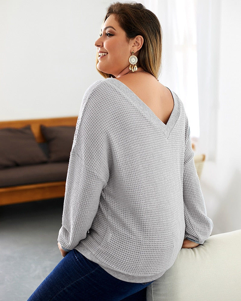 Casual Loose Plus Size Sweater With V-Neck - Fashion Damsel