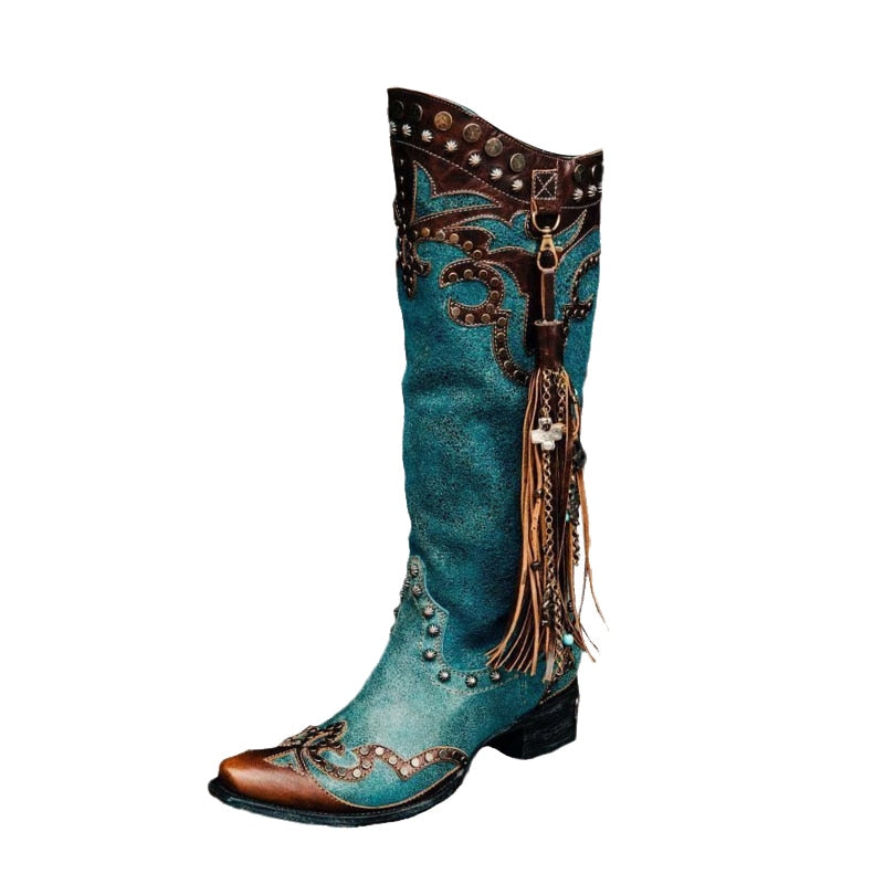 Cowgirl Rivet Knee High Boots With Tassels - Fashion Damsel