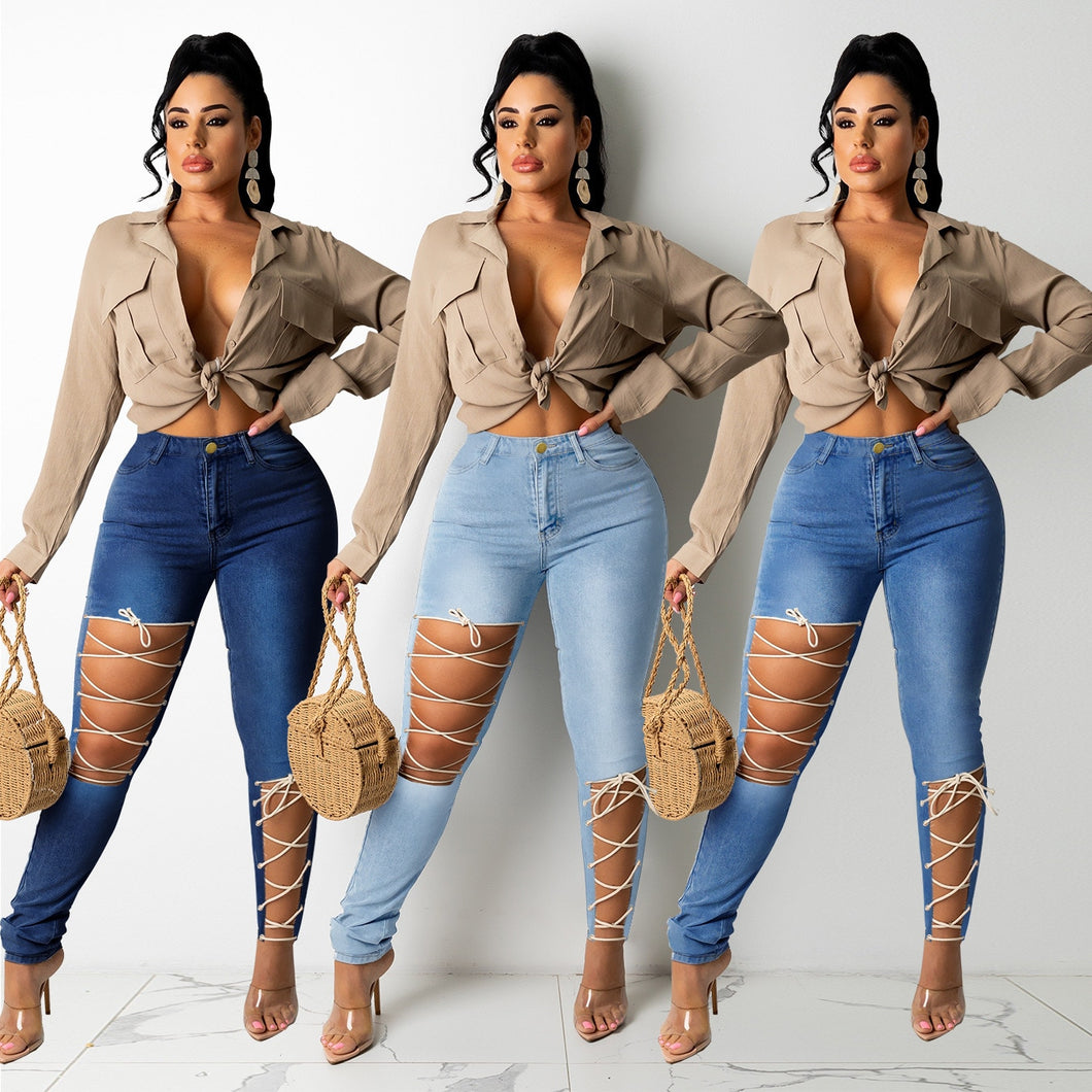 High Waist Lace-Up Bandage Jeans - Fashion Damsel