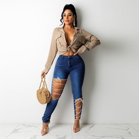 High Waist Lace-Up Bandage Jeans - Fashion Damsel