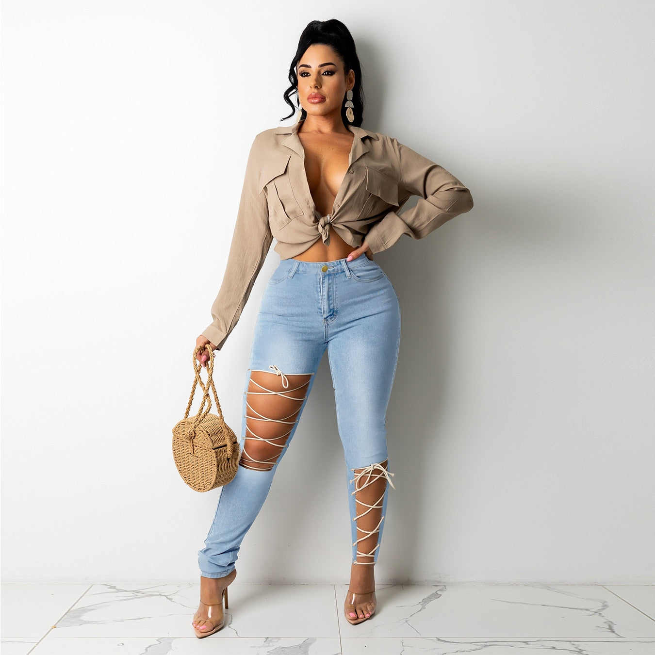High Waist Lace-Up Bandage Jeans - Fashion Damsel
