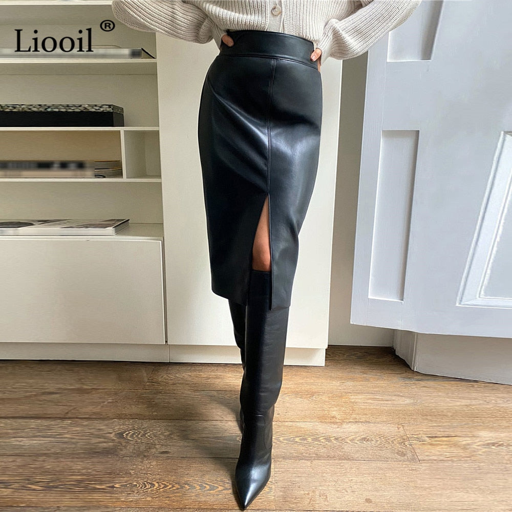 Leather Slit Pencil Office Skirt - Fashion Damsel