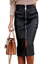 Elegant Faux Leather Front Zipper Midi Skirt - Fashion Damsel