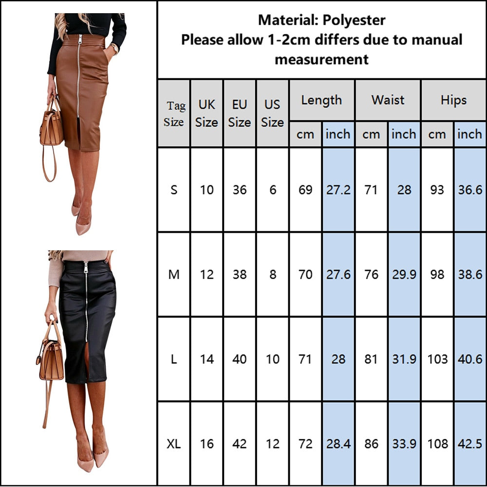 Elegant Faux Leather Front Zipper Midi Skirt - Fashion Damsel