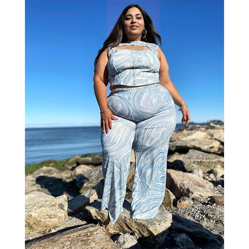 Sleeveless Hollow Crop Plus Size Two Piece Set