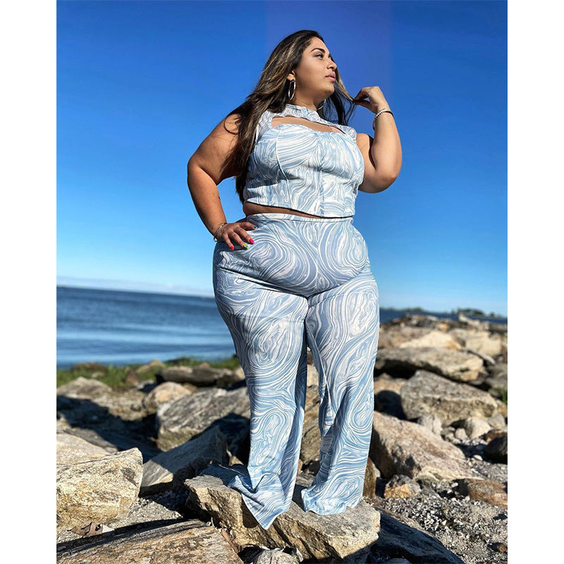 Sleeveless Hollow Crop Plus Size Two Piece Set