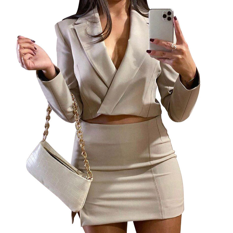 2Pcs Office Long Sleeve V-Neck Skirt With Split