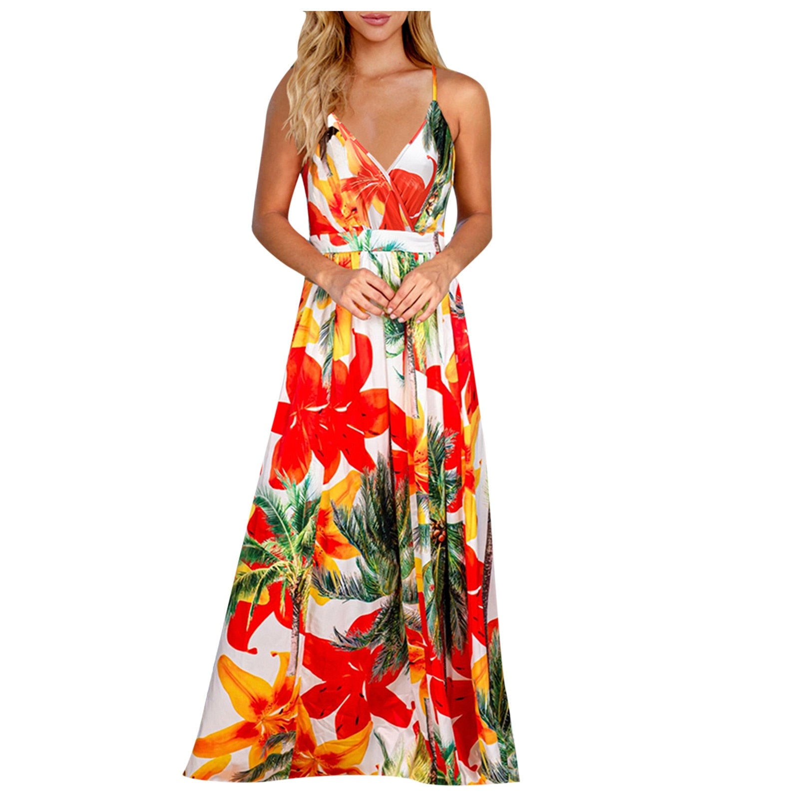 Tropical Boho Floral Print Sexy Backless Sundress