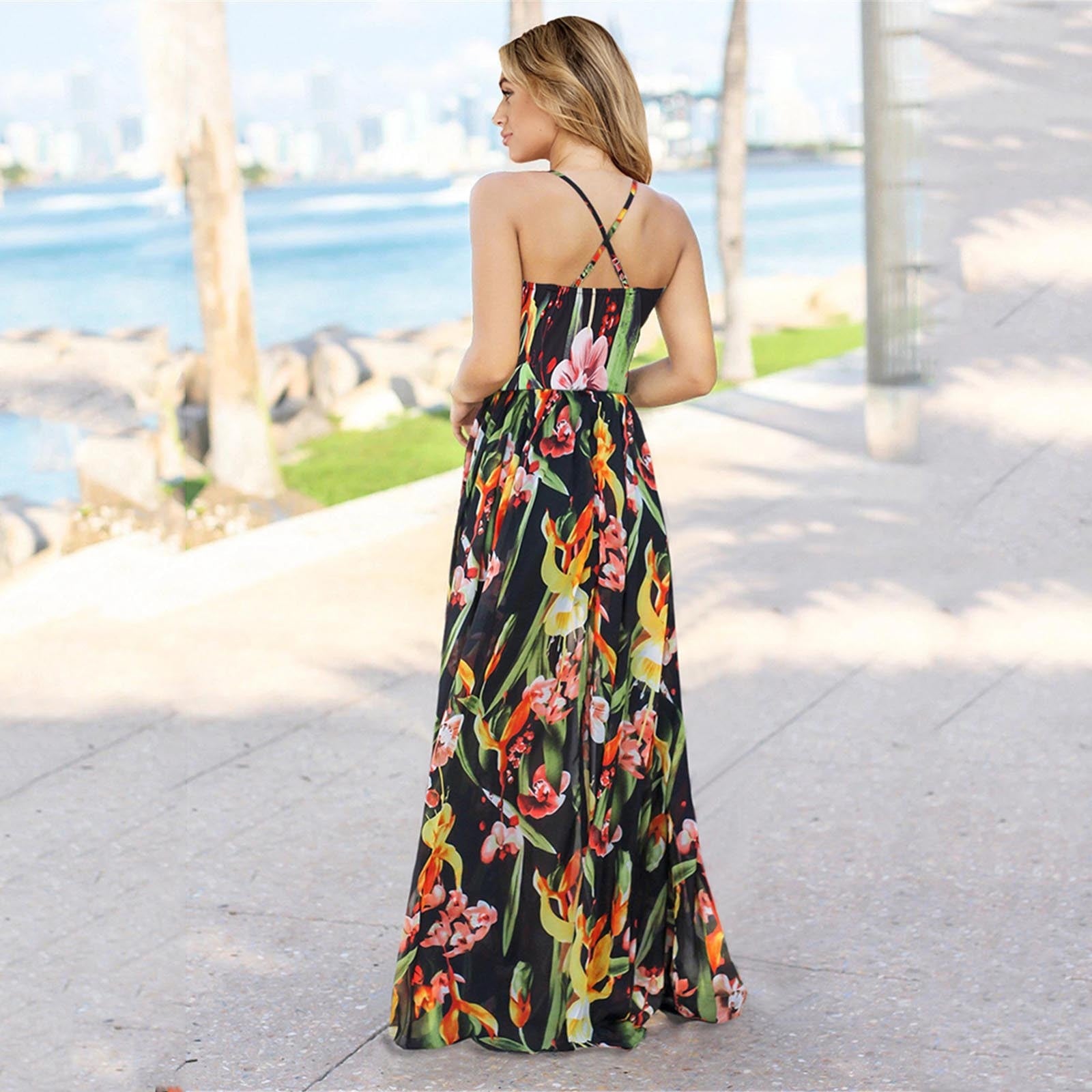 Tropical Boho Floral Print Sexy Backless Sundress