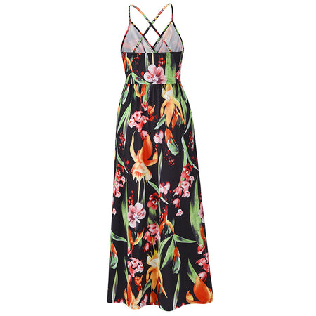 Tropical Boho Floral Print Sexy Backless Sundress