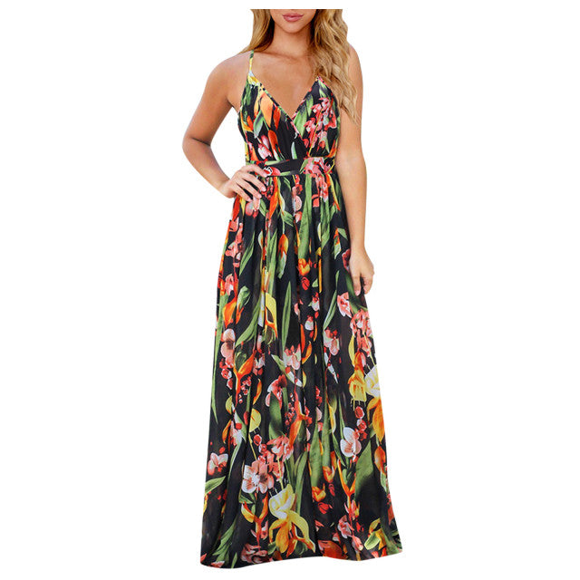 Tropical Boho Floral Print Sexy Backless Sundress