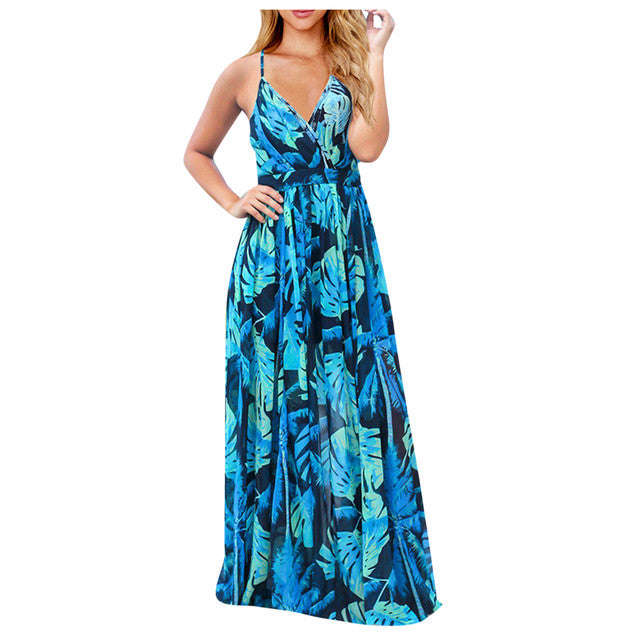 Tropical Boho Floral Print Sexy Backless Sundress