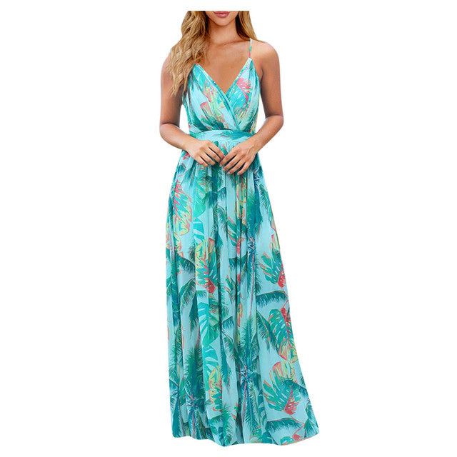 Tropical Boho Floral Print Sexy Backless Sundress