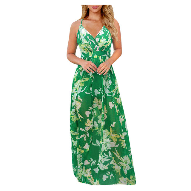 Tropical Boho Floral Print Sexy Backless Sundress